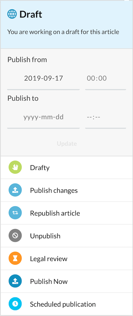 Publish flow component displaying multiple different choices.